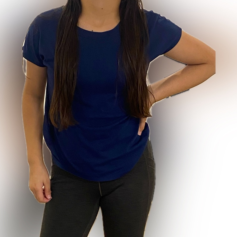 A dark blue athletic running top